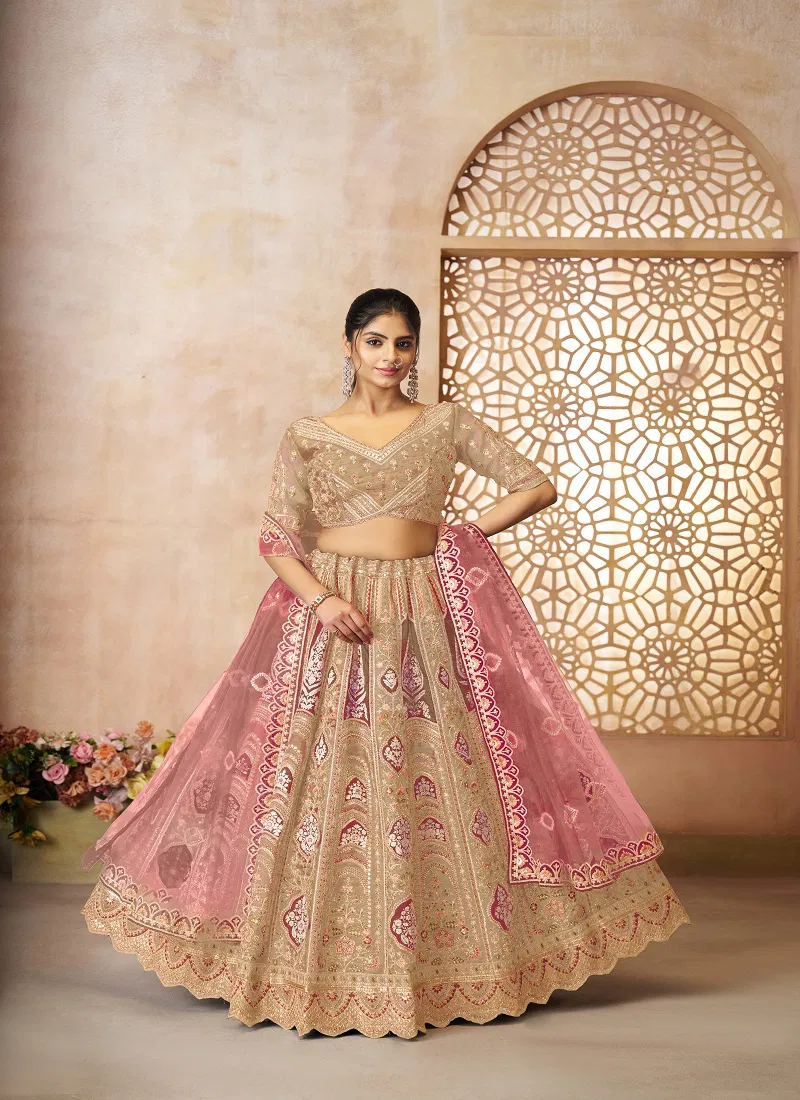 Kf 31 Chiku Banarasi Silk Embroidered Lahenga For Wedding Bulk Orders In India